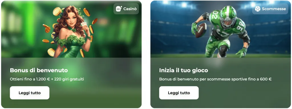 Benvenuto fino a €1200 + 220 FS Verde Casino